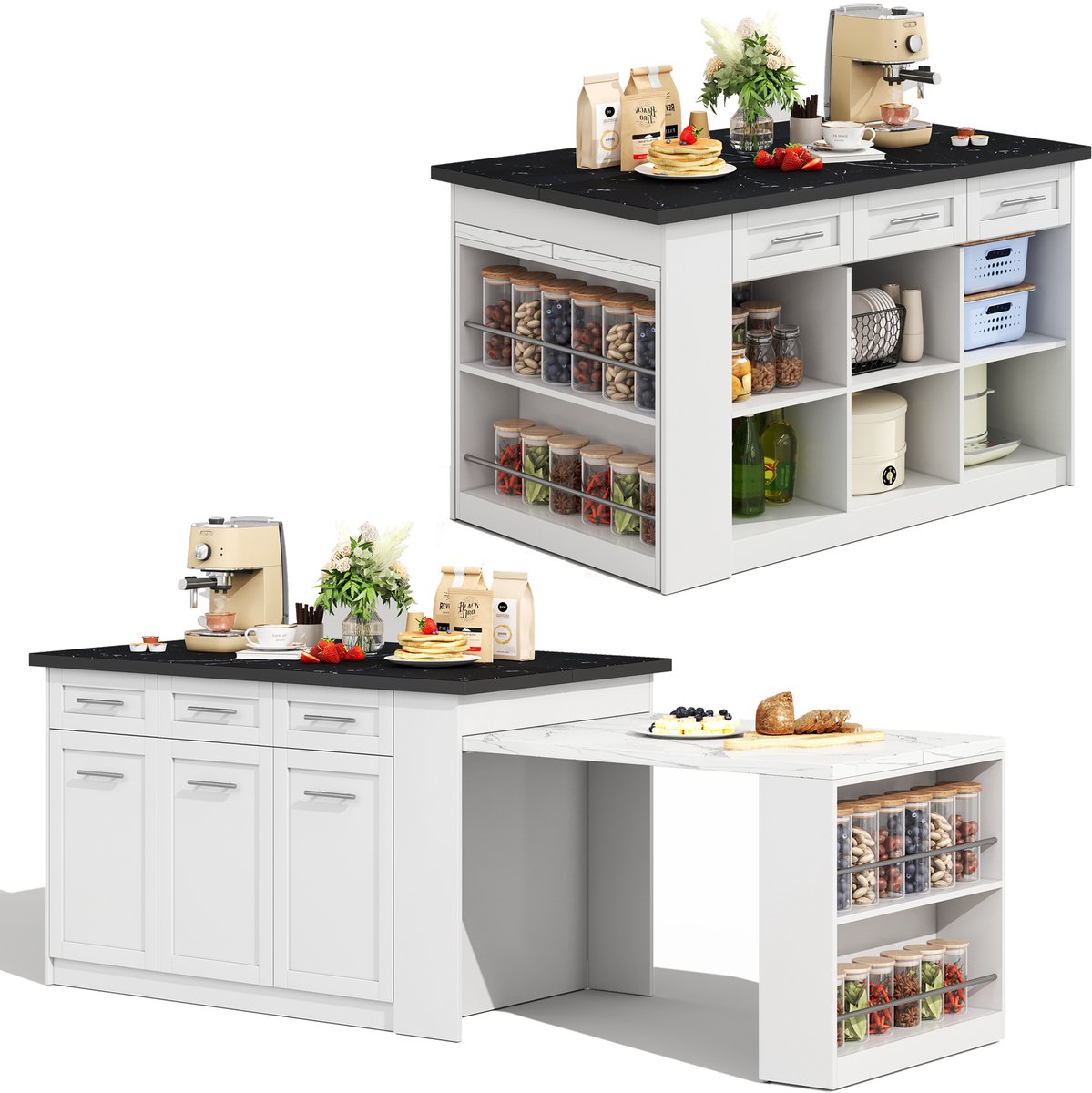 Keuken Eiland Met Uittrekbare Eettafel 150x90 cm - Multifunctioneel Kookeiland Met Opbergkasten En Marmerlook Werkblad Wit