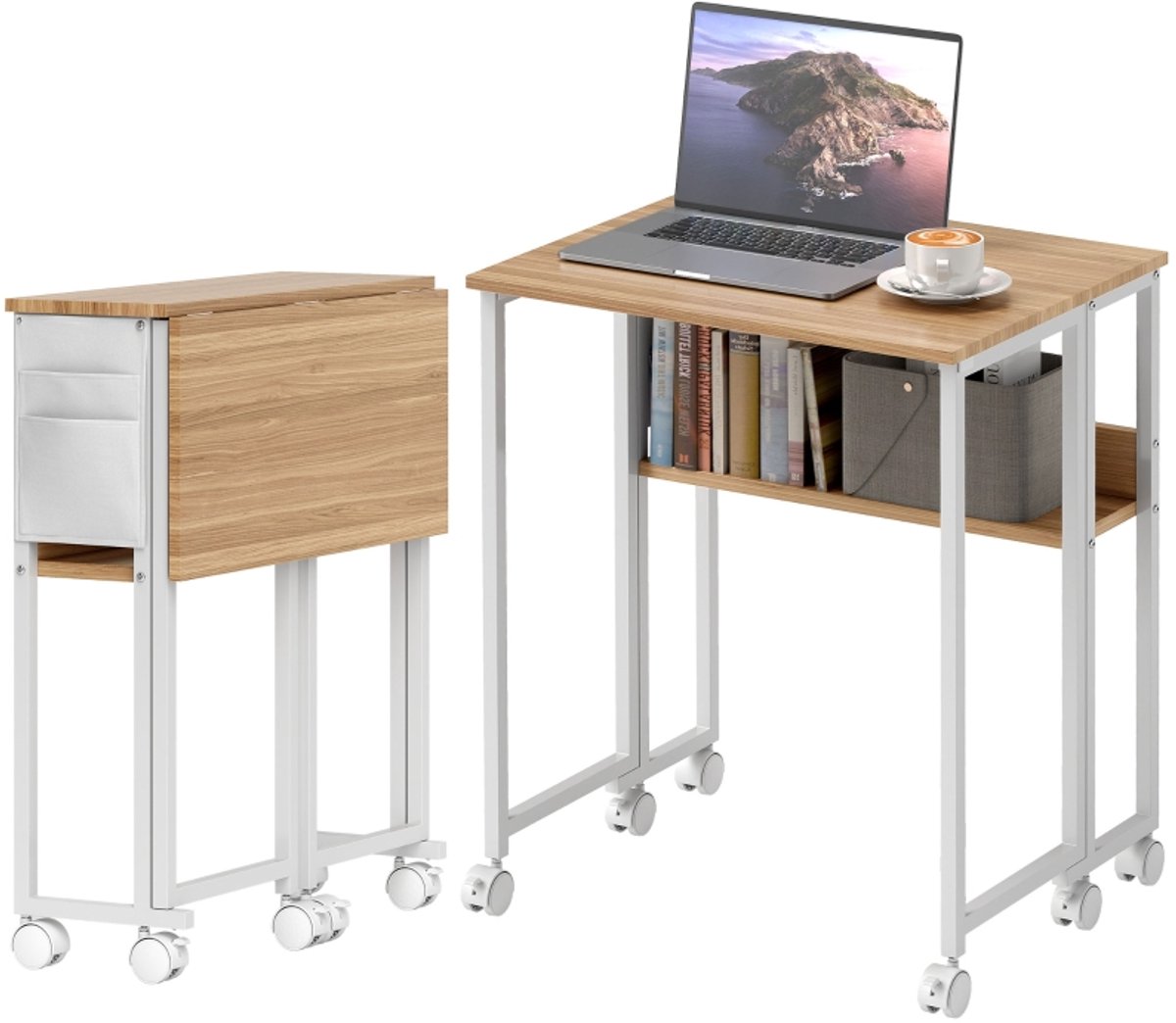 Inklapbaar Bureau 63 cm - Kliklaptafel Met 6 Wielen, Opbergrek En Tas Voor Thuiswerken Natuur