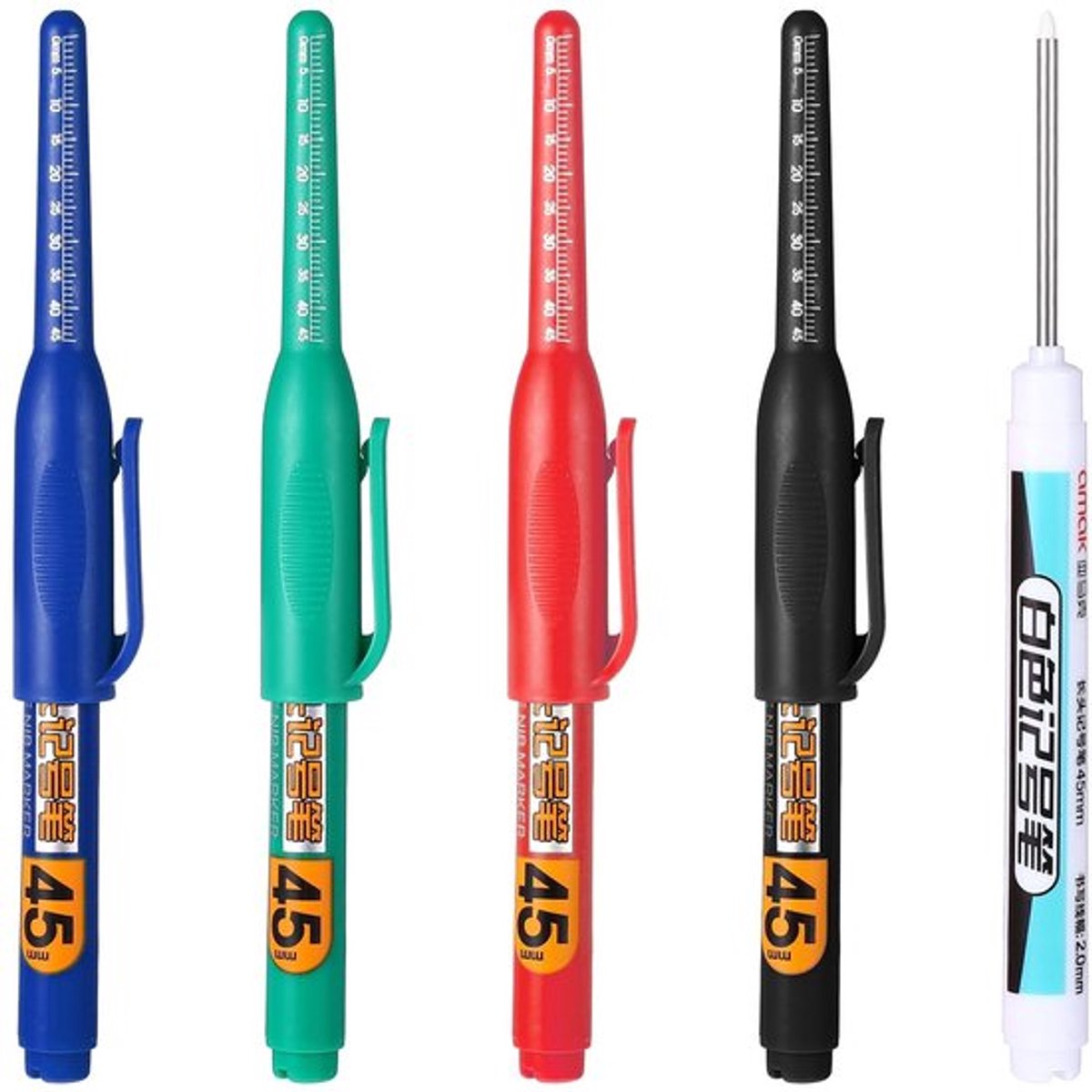Markeerstift 5 Stuks - Dieptegatmarkers - Waterbestendig - Extra Lange Punt - Kunststof - Tekenstift voor Hout/Muur - Dieptemarker