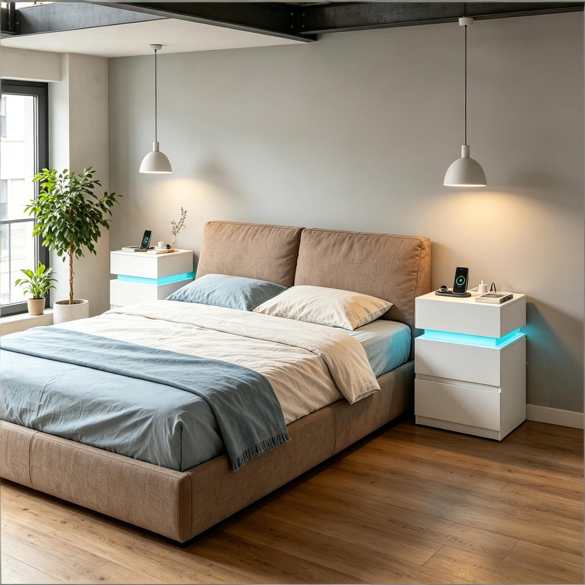 Beistelltisch Set 2 Delig 35x40x55 cm - Houten Bijzettafel Met LED Verlichting En USB Laadstation Wit