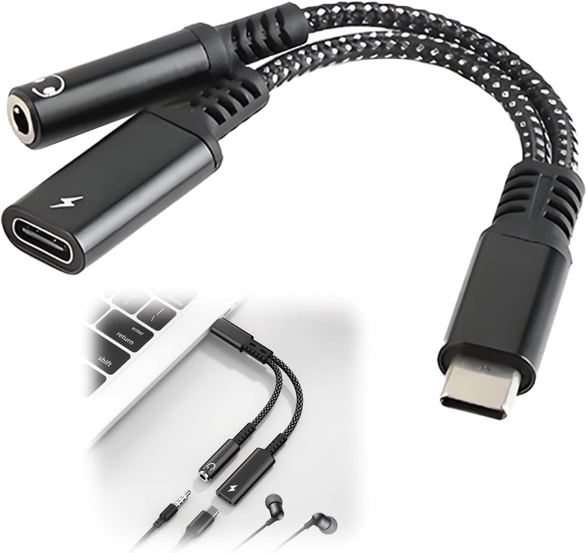 USB C naar 0.3 cm jack adapter - 2-in-1 - 60W snelladen - muziek luisteren en opladen tegelijk - ShopVlot