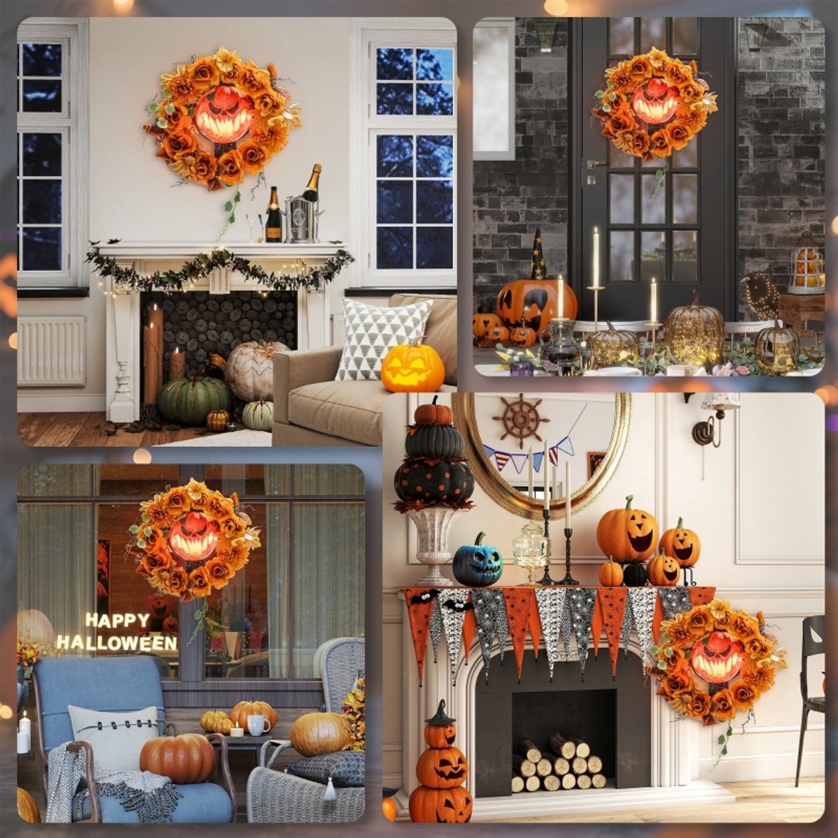 Halloweenkrans Oranje Pompoengezicht Met 44 Ledlampjes Van Staal 44 X 9 X 44 Cm Voor Deurraam En Schouwdecoratie