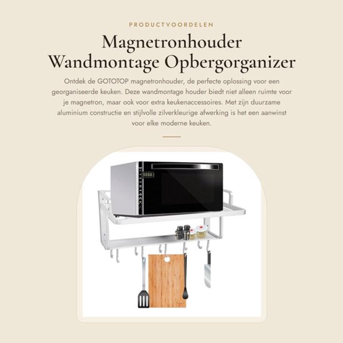 Magnetronhouder wandmontage - Aluminium - 2 Etages - Opbergorganizer met 10 Haken - 55 x 38,5 x 25 cm - Gloednieuw - Keukenrek