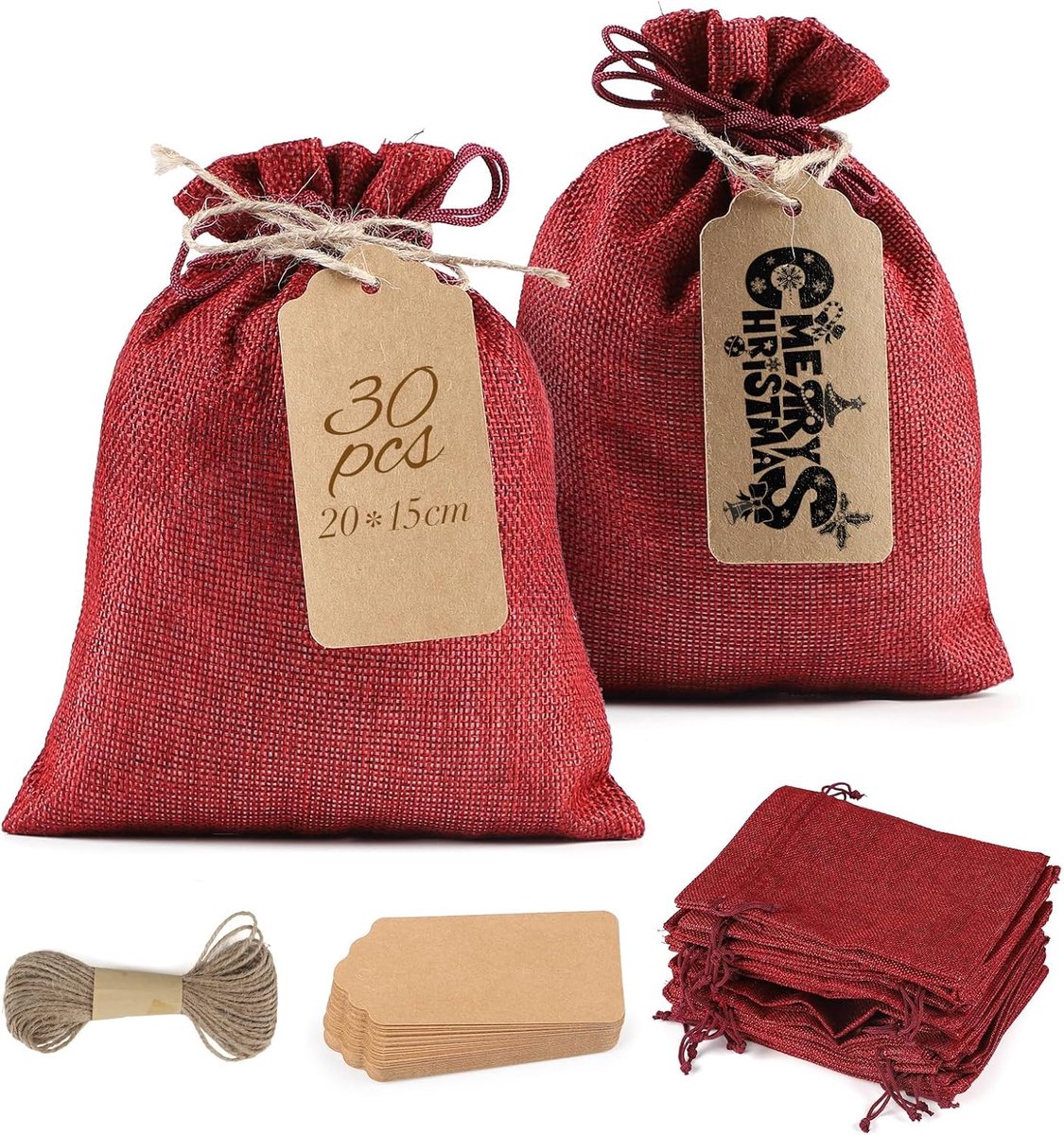 Jute tas 20 x 15 cm - Rood met trekkoord - Herbruikbaar met labels - Perfect voor cadeaus - ShopVlot