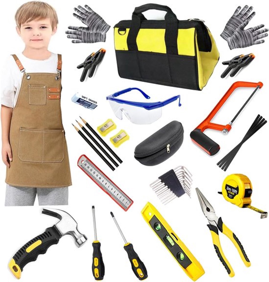 Thijox - Kinder Gereedschapsset 38 Stuks met Gereedschapstas, Schort en Leergeschenk voor Creatieve Houtbewerking en Doe-Het-Zelf Projecten