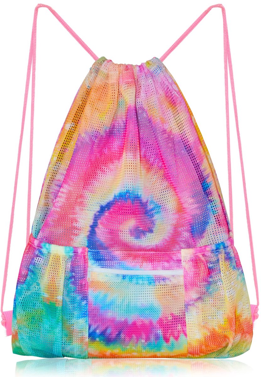 Mesh trekkoord tas met rits zak - 38x50cm - tie dye - ideale strandtas voor zwemspullen - ShopVlot