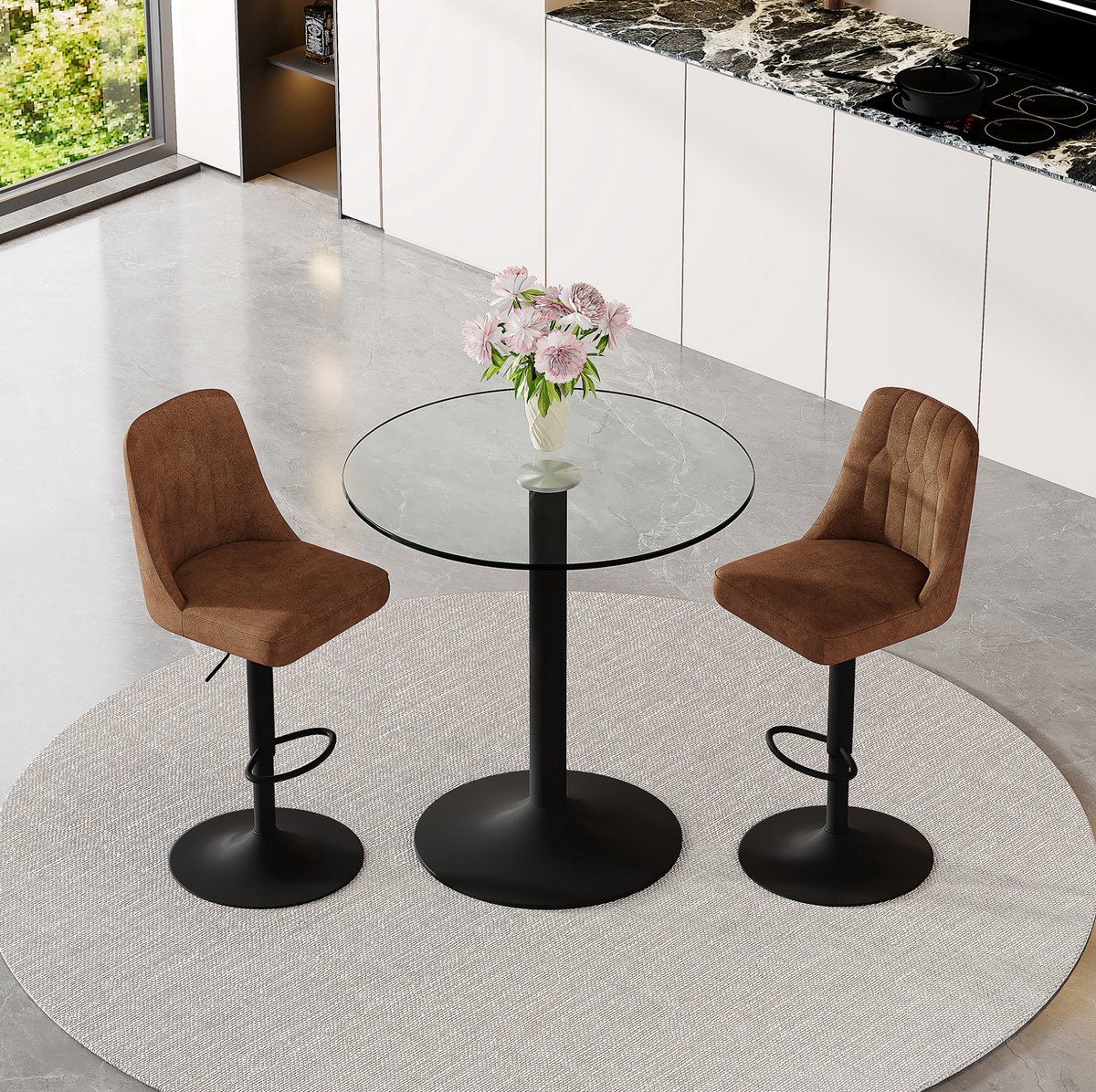 COVREO Barset 89 cm, transparant glas en bruin, metaal, 2 draaibare barkrukken