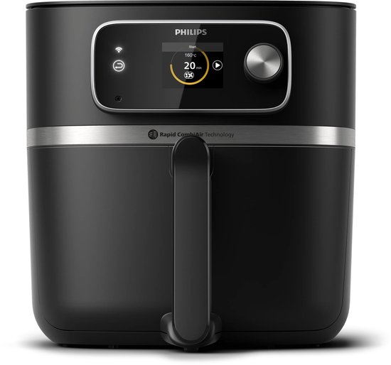 Zwarte Philips Airfryer XXL met een zilveren rand. Het display toont 160 graden en 20 minuten.