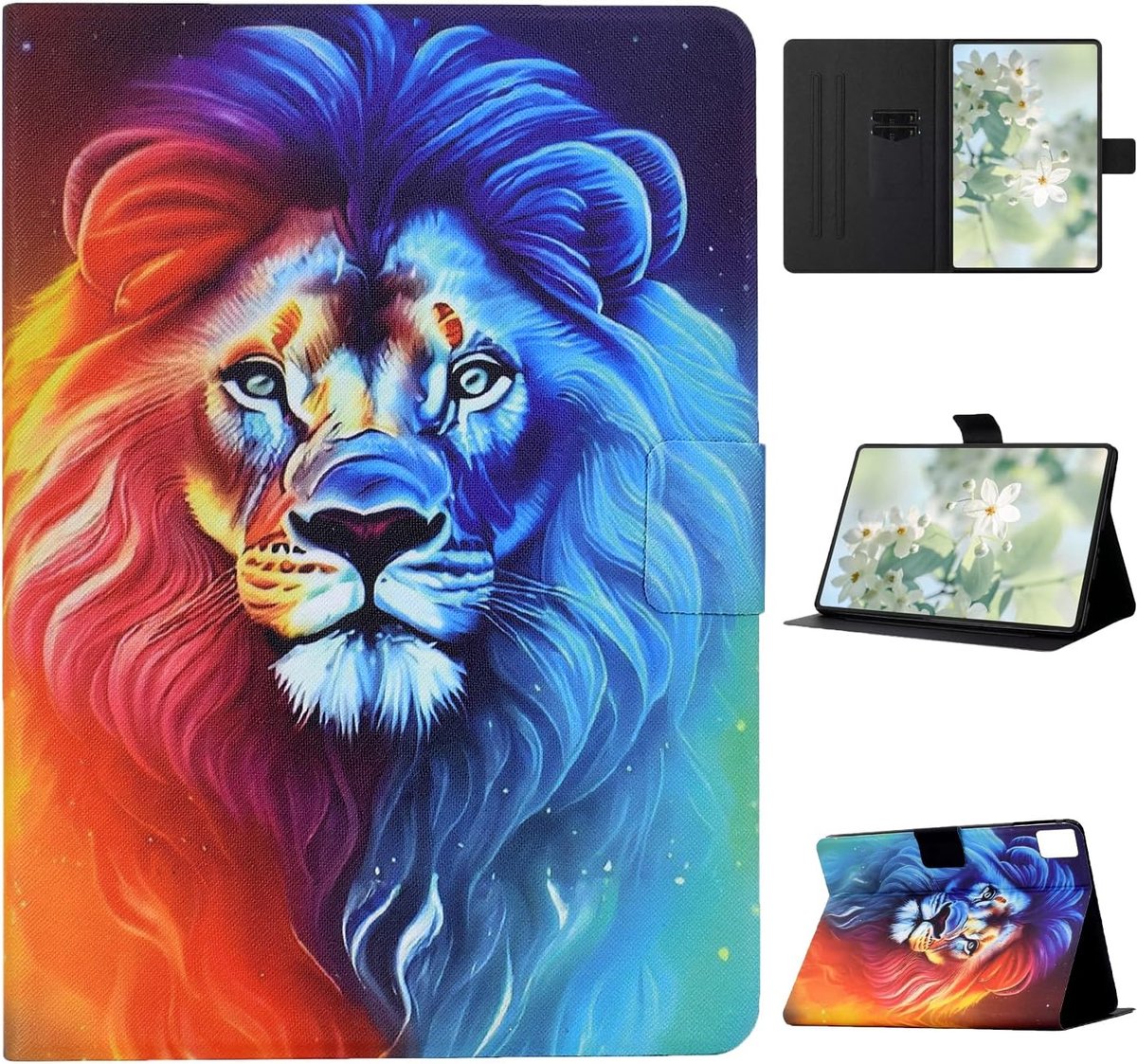 Hoes voor Lenovo Idea Tab Plus 12,1 inch - kleurrijke leeuw - wallet cover met kaartenvak - ideaal voor videochat - ShopVlot