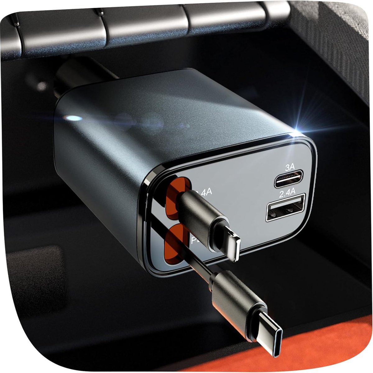 4-in-1 Autolader – Autolader USB C en Lightning met 2 Intrekbare Kabels – Auto Snellader 30W – Sigarettenaanstekeradapter met 180° Draaibare Stekker – 12V/24V Auto Oplader voor 4 Apparaten – Compatibel met iPhone en Android– Grijs