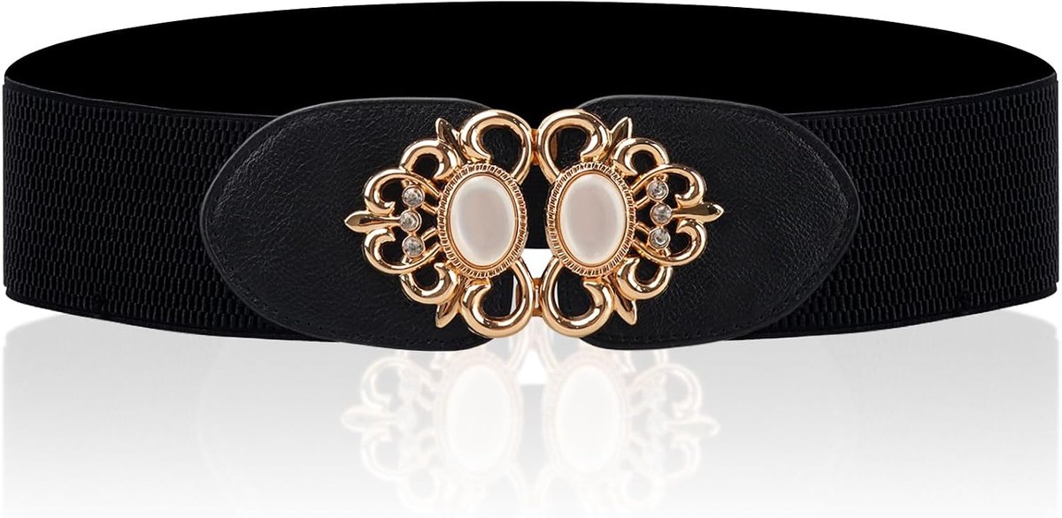 Elastic Wide Waist Belt for Women, Fashion Stretch Belt, Black Waist Belt with Gold Buckle, Wide Women's Belt, Vintage - ShopVlot