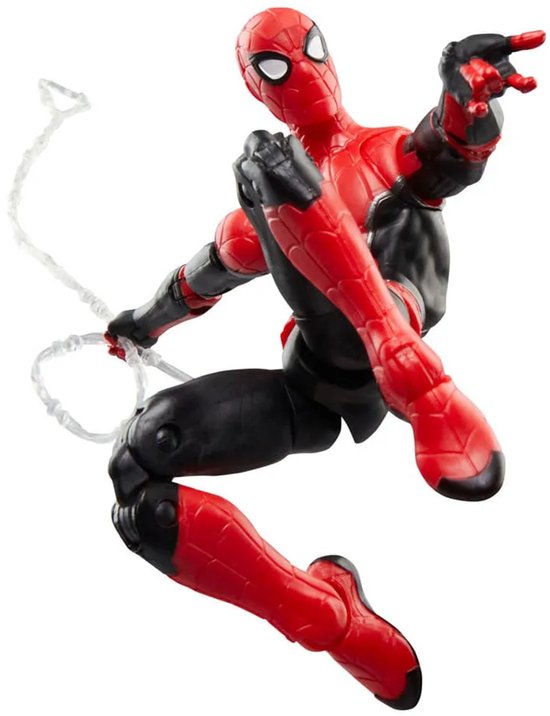 Spiderman in rood en zwart pak, springt met een web in zijn hand.