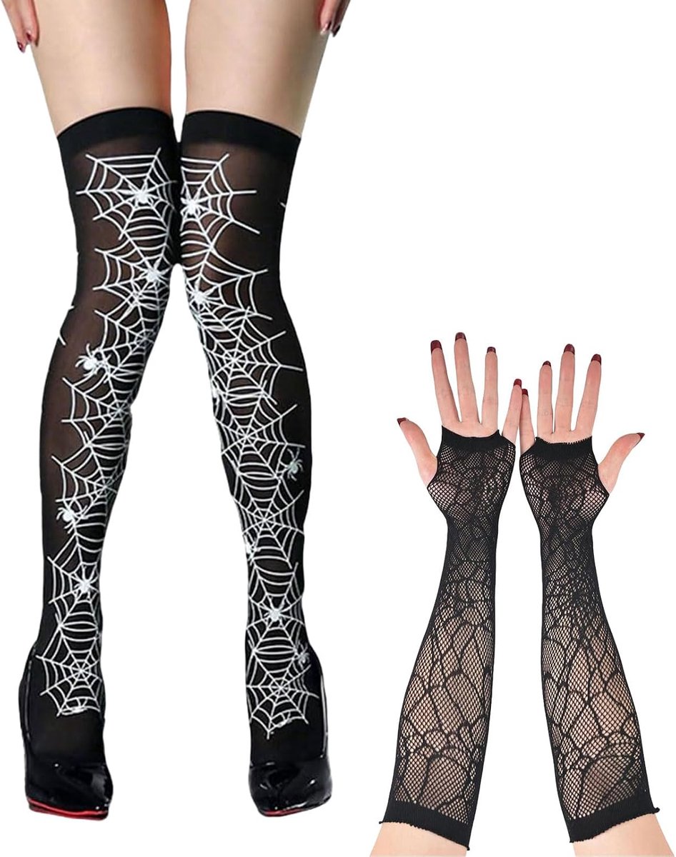 2 Pairs of Halloween Costumes Women's Spider Stockings Spider Gloves Halloween Spider Web Stockings Costume Accessories - ShopVlot