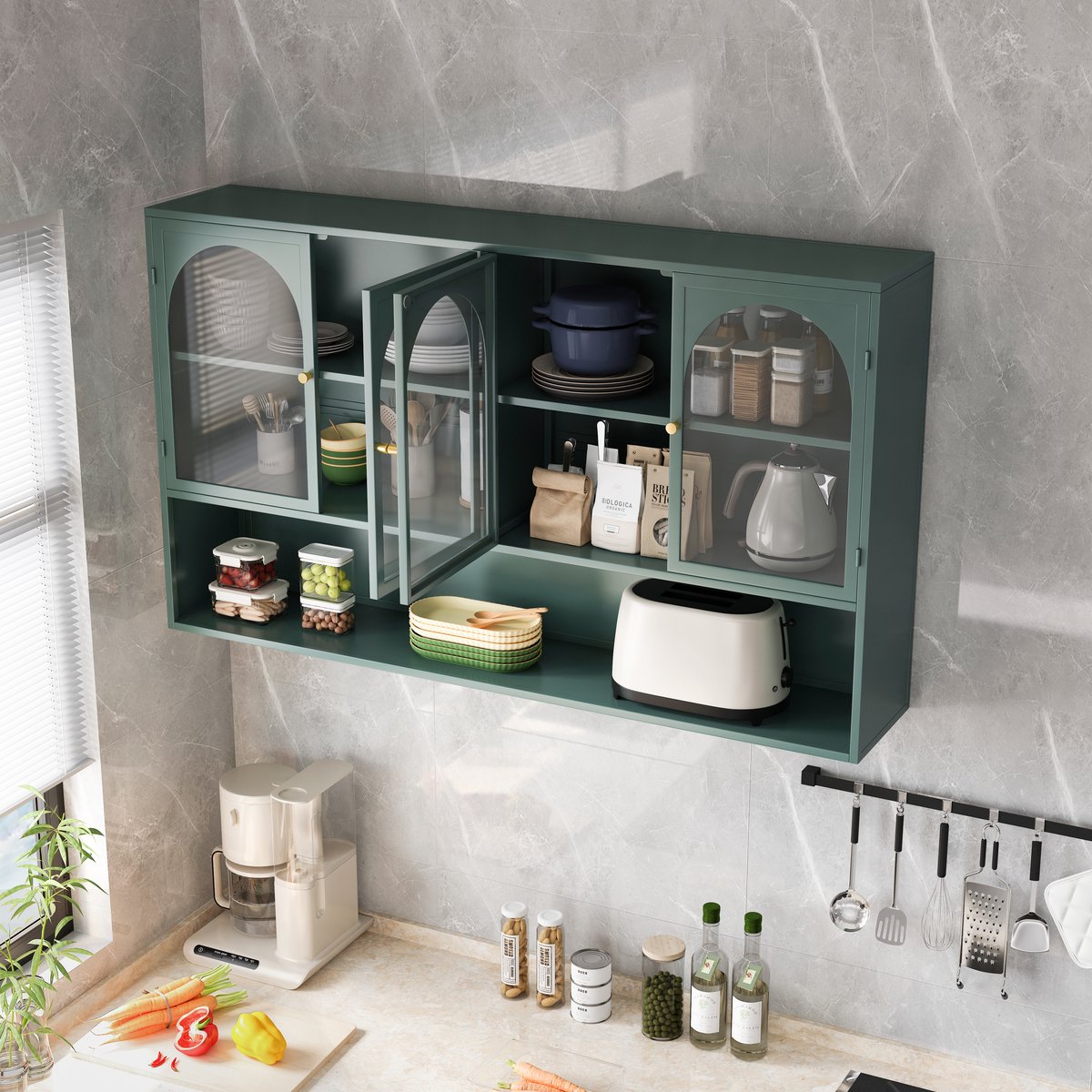 DESMIU Vitrinekast Wandhangend Met Vier Deuren En Glas Voor Keuken En Woonkamer Van Metaal En Glas Donkergroen 120 X 23 X 70 Cm