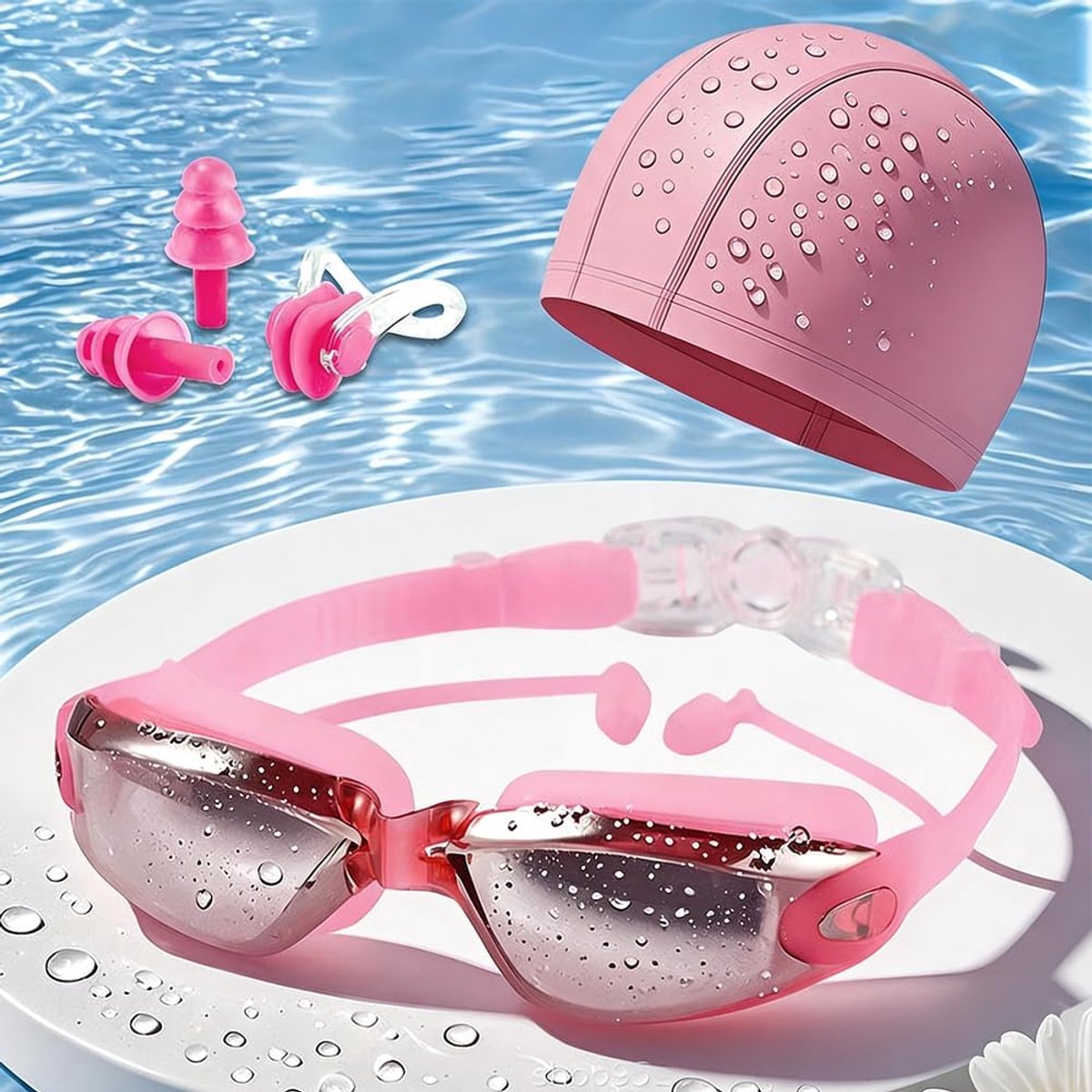 Waterproof Swimming Goggles and Cap Set 4 in 1, Swimming Goggles Swimming Goggles No Leaking with Nose Clip, Earplugs - ShopVlot
