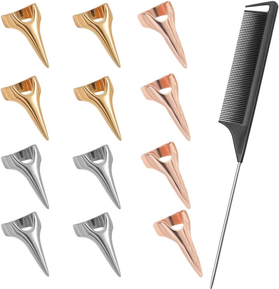 Haar scheidingstools set - 1 elleboogkam en 12 haarringen - verfijnd metaal - perfect voor professionele kapsels - ShopVlot