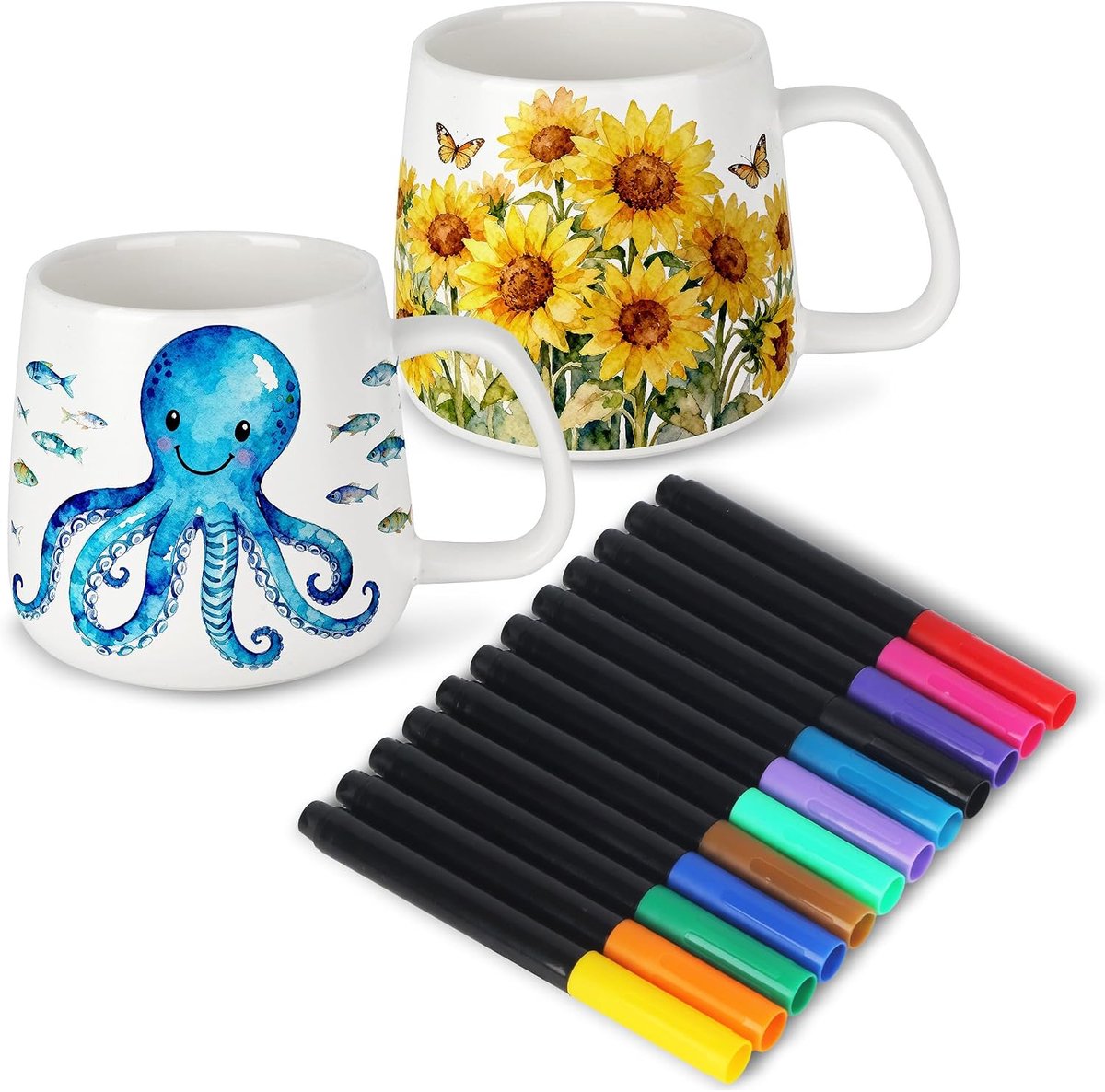 DIY keramisch schilderset - 2 blanco witte mokken - 12-kleurige keramische stiften - ShopVlot
