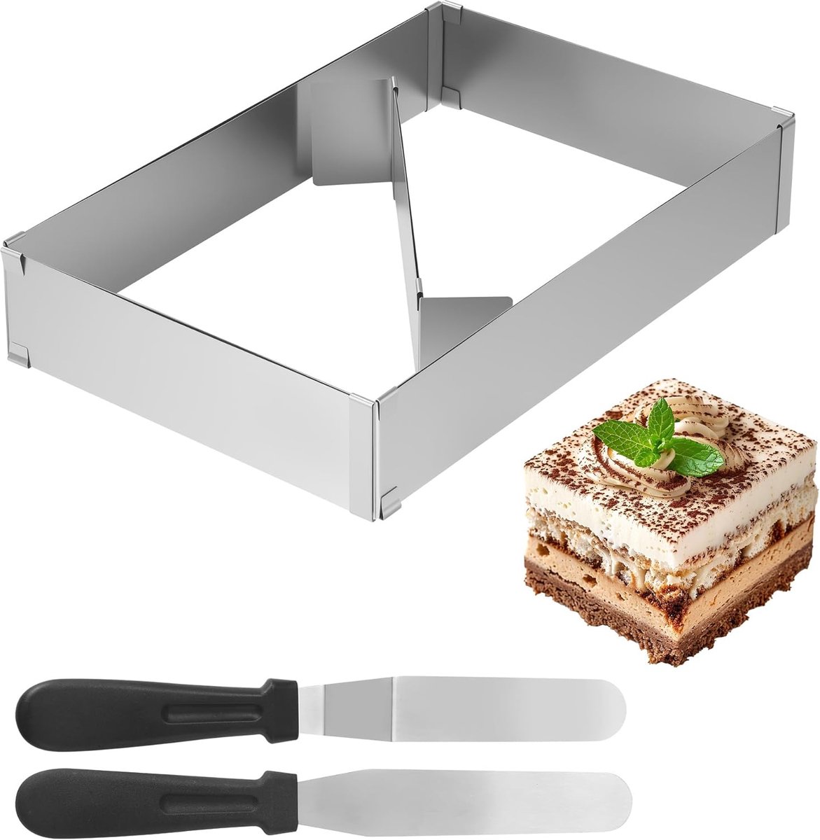 Bakvorm rechthoekig 5cm hoog - roestvrij staal - verstelbaar 18x35-34x53cm - inclusief divider en spatels - ShopVlot