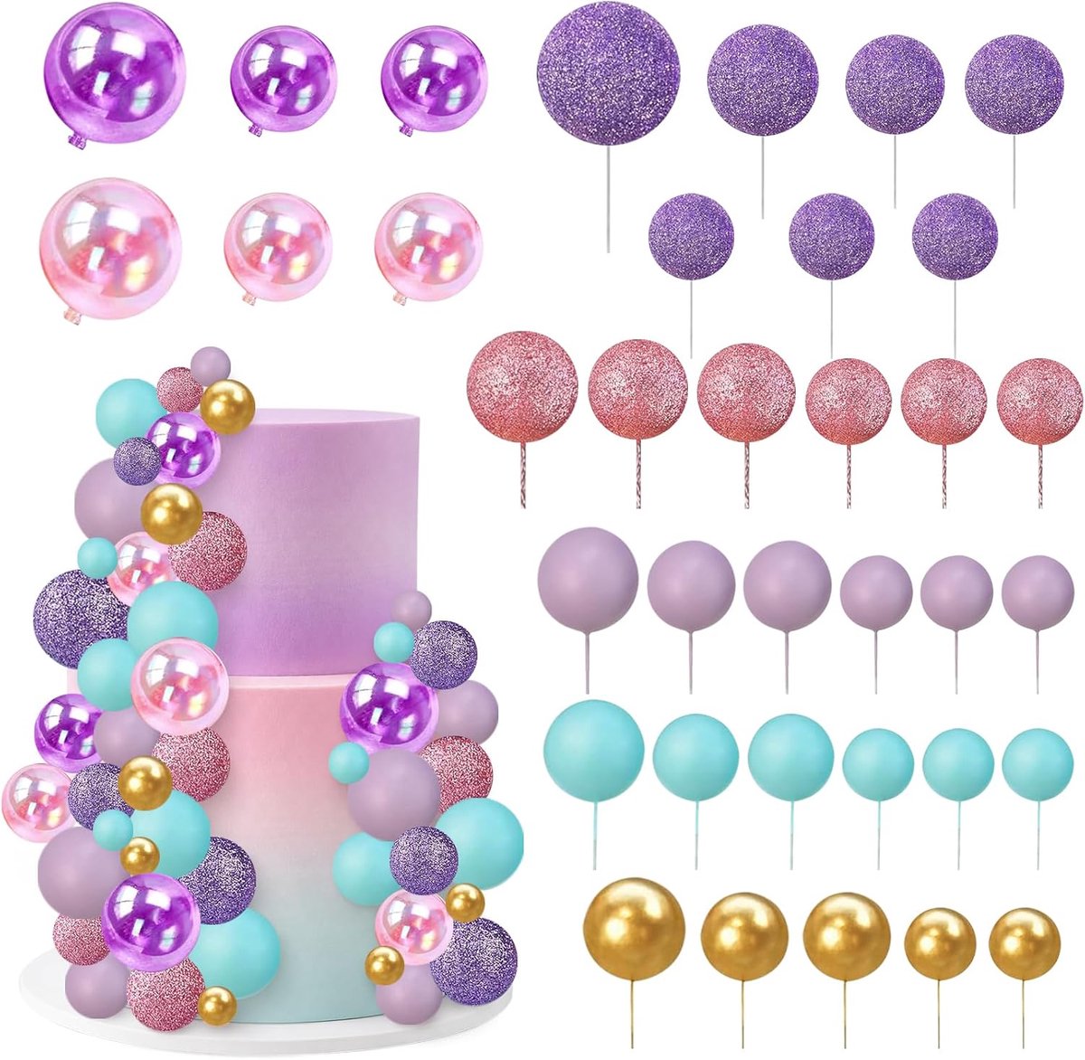 Kerstballen 36 stuks - macaron kleuren - paars, roze, mintblauw - perfect voor taartdecoratie - ShopVlot