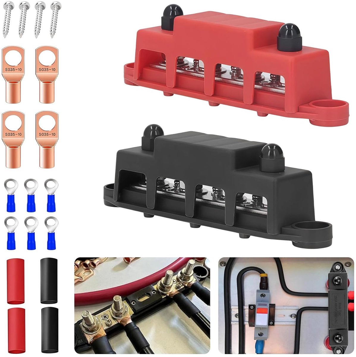 M8 DC verdeelblok 2 stuks - 12V-48V 250A - met 4 M8 klembouten - voor auto en marine - ShopVlot