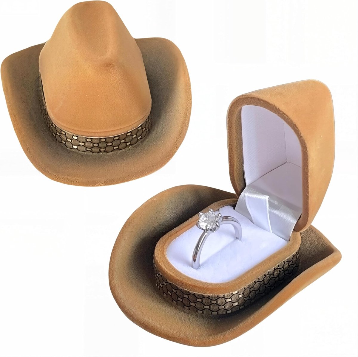 Ringendoosje Elegant - Vintage Cowboyhoedstijl - Fluwelen Bekleding - Perfect voor Oorbellen - ShopVlot