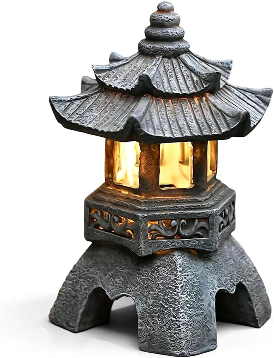 Japanse pagode lamp 26 cm - solar powered tuinlantaarn - decoratieve standbeeld - ideaal voor meditatie tuin - ShopVlot