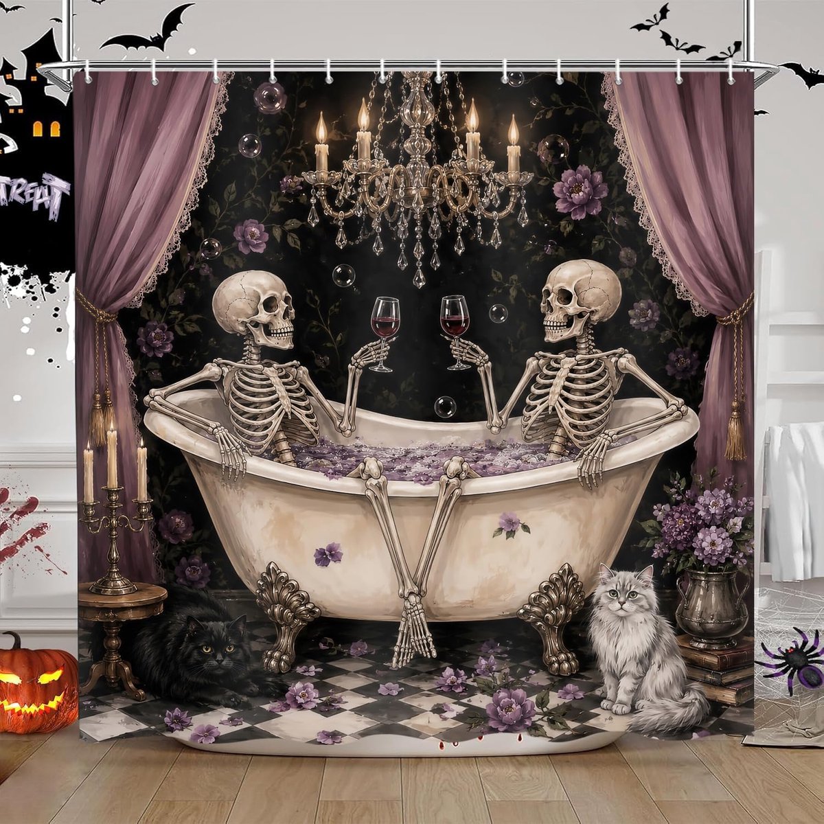 Douchegordijn Halloween 180 x 200 cm - rustiek donker skeletpaar - vintage paars bloemen - waterdicht en wasbaar - ShopVlot