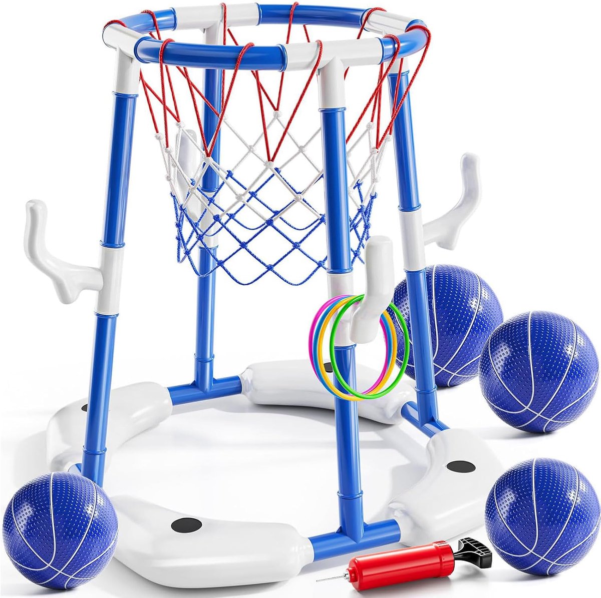 2-in-1 basketbalmand met wieltjes - blauw - inclusief 4 ballen en 4 ringen - ideaal voor waterspelen - ShopVlot