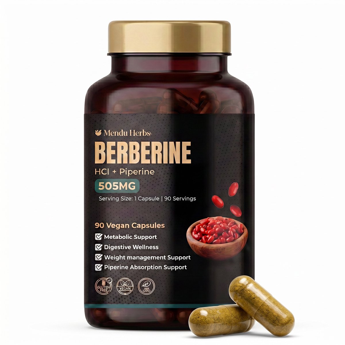 Mendu Herbs Berberine 500mg Capsules | Lab Getest | 90 Veganistische Capsules