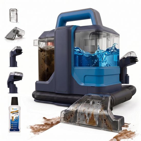 Blauwe en grijze reinigingsmachine met schone en vuile watertanks, zuigmond en extra accessoires, inclusief reinigingsmiddel.