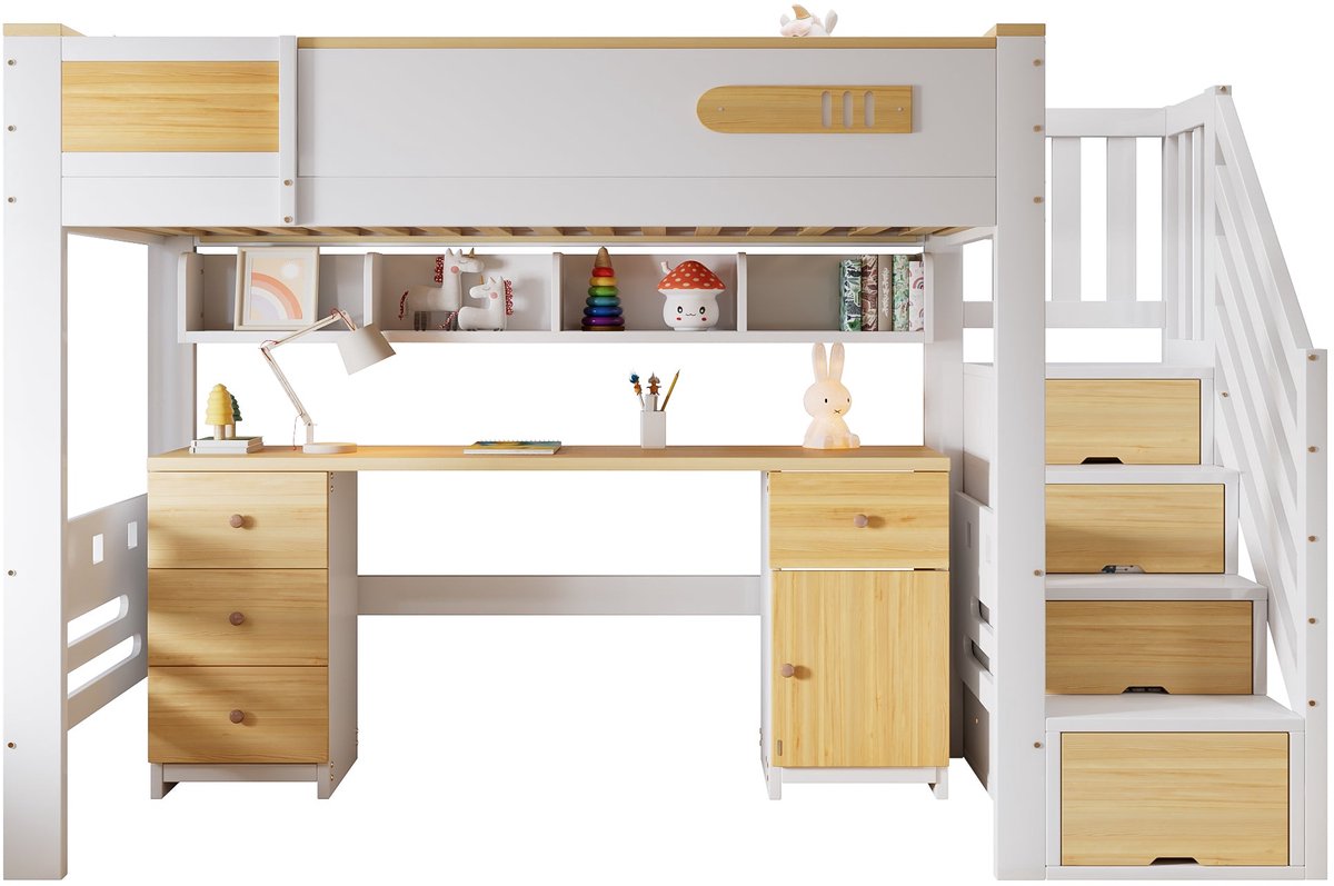 Merax Hoogslaper 90 x 200 cm - Wit En Houtkleur - Kinderbed Met Bureau - Opberglades - Opbergtrap - Hangend Opbergrek