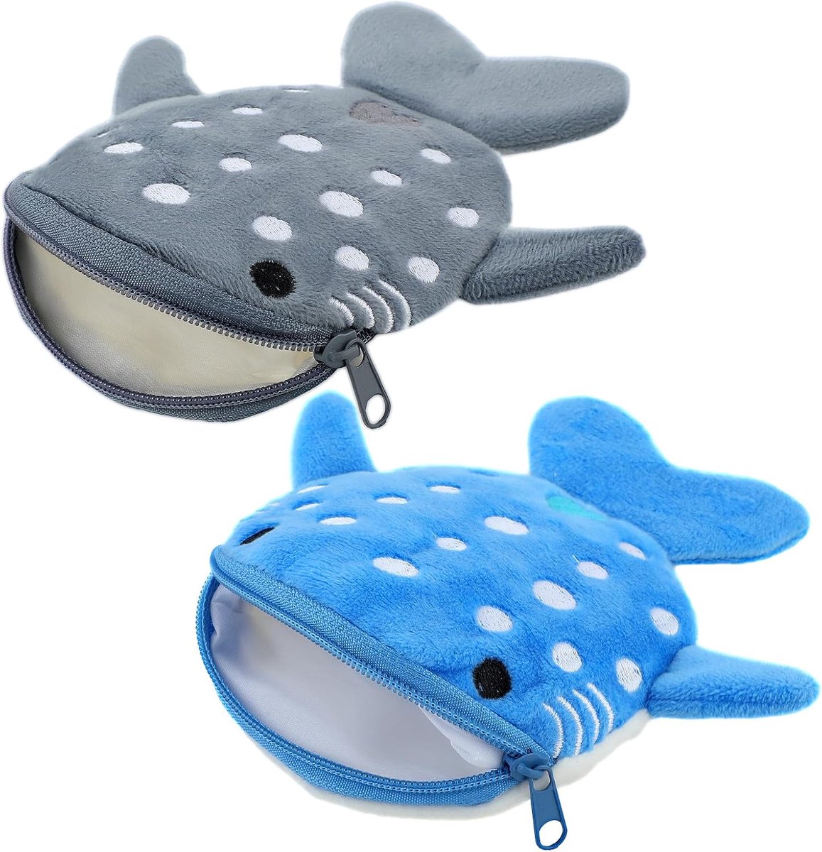 Pluche walvis portemonnees set van 2 - blauw en grijs - met ritsluiting - vrolijk design voor meisjes - ShopVlot