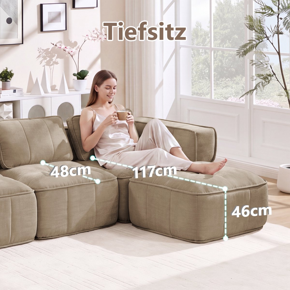 OKWISH Hoekbank 3-Zits Met Hocker - Modulair L-Vormig Sofa Met 32D Schuim En Brede Armleuningen - Voor Woonkamer - Polyester - Sand