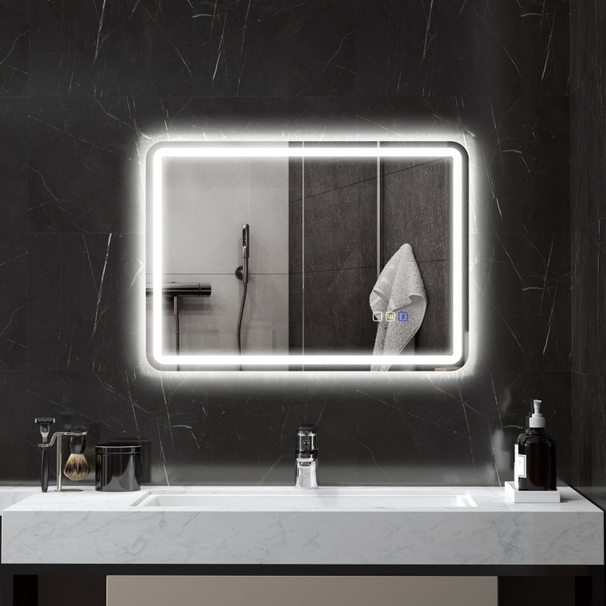 Badspiegel Met Ledverlichting 70 X 50 Cm Met Bluetooth Muziekfunctie Touchschakelaar Geheugenfunctie Beschlagvrij Zilver Glas