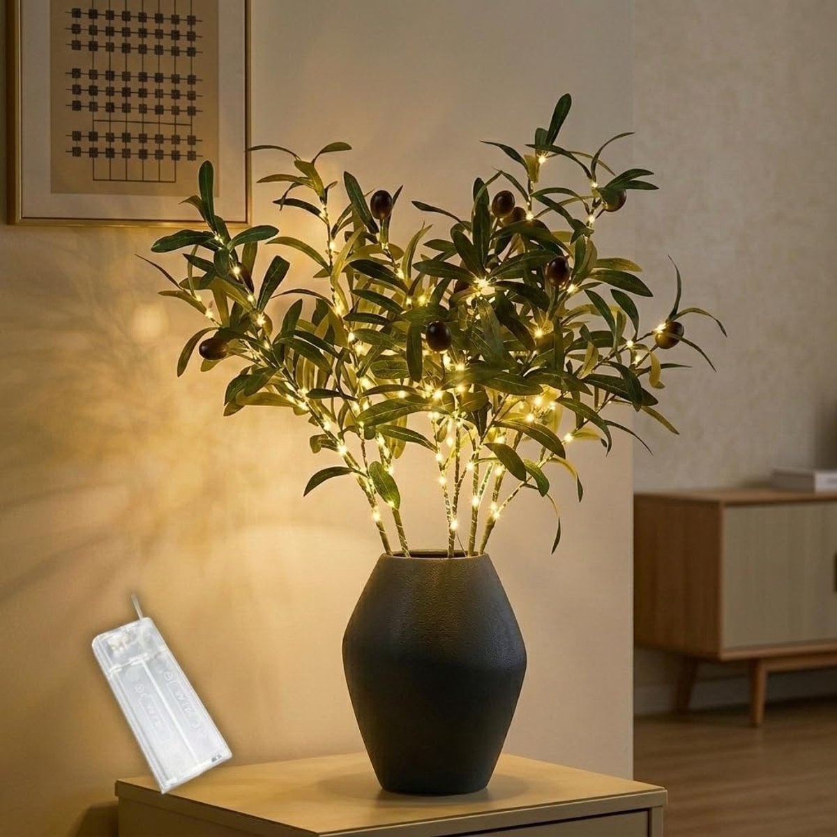 Olijftak met verlichting - kunstmatige groene takken - met timer - sfeervolle decoratie voor vases - ShopVlot