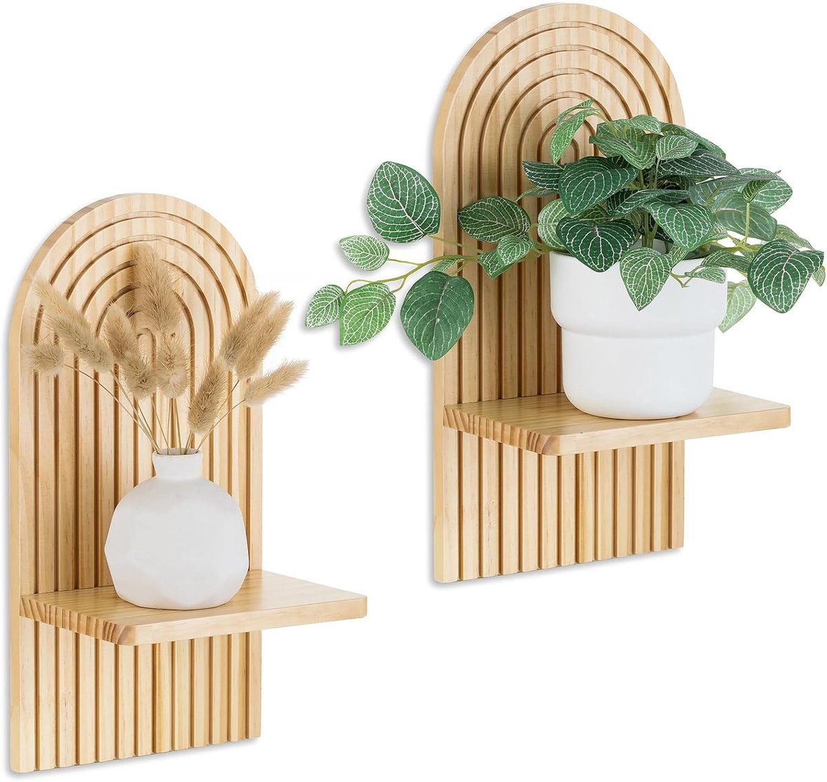 Set van 2 Houten Wandplanken – Boho Wanddecoratie – Zwevende Boog Wandplank – Plantenplank voor aan de Muur – Houten Wanddecoratie voor Planten, Kaarsen en Kleine Accessoires – Natuurlijke Houtkleur