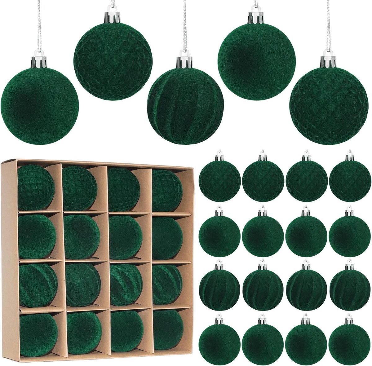 Kerstballen set 16 stuks - Velours 6 cm - Groene kerstdecoratie - Perfect voor een sfeervolle kerstboom - ShopVlot