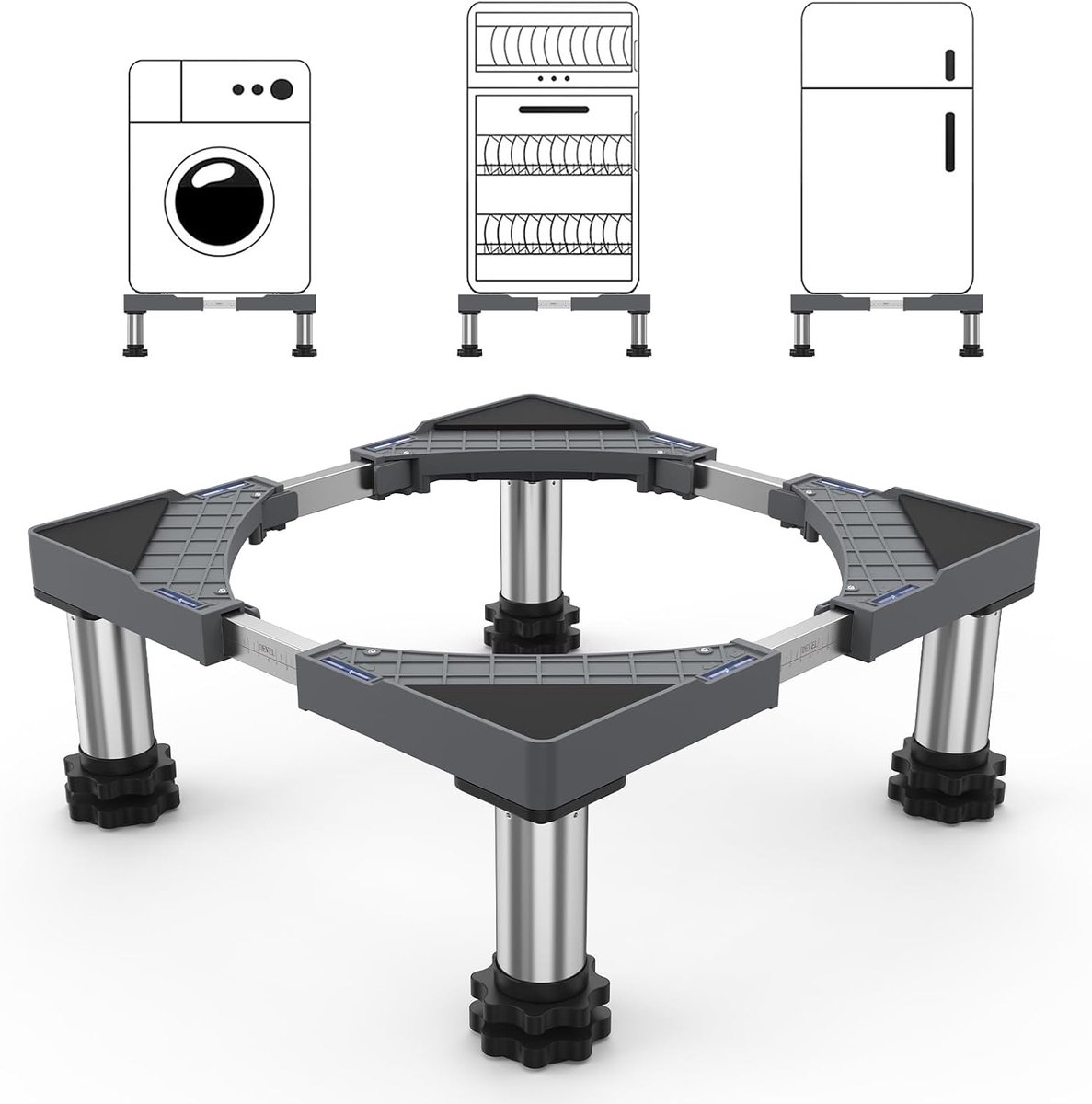 Wasmandbasis verstelbaar 45-65 cm - grijs - schokabsorberend - ideaal voor wasmachines - ShopVlot