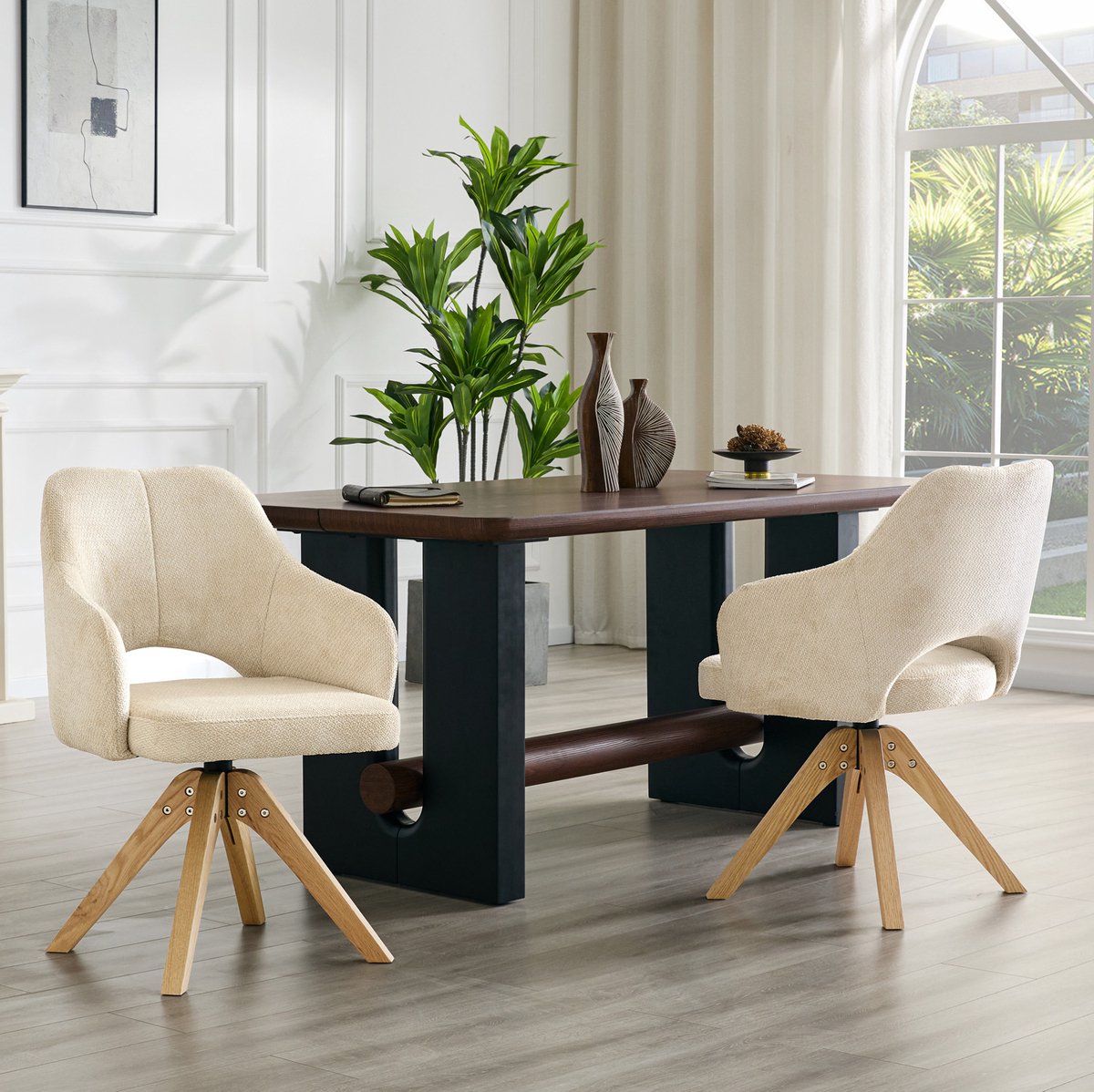 DESMIU Eetkamerstoel Set Van 2 - 360 Graden Draaibaar Met Armleuningen En Ergonomische Rugleuning - Voor Eetkamer En Woonkamer - Stof Hout - Beige Wit