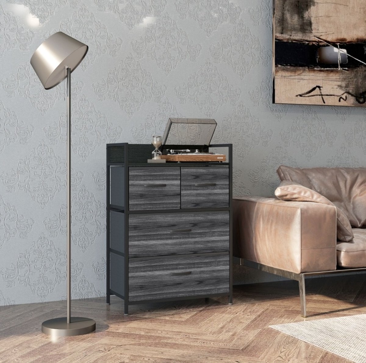 OKWISH Dressoir Met 4 Opvouwbare Stoffen Lades - Industrieel Design - Zwart - 60 X 29 X 85 Cm