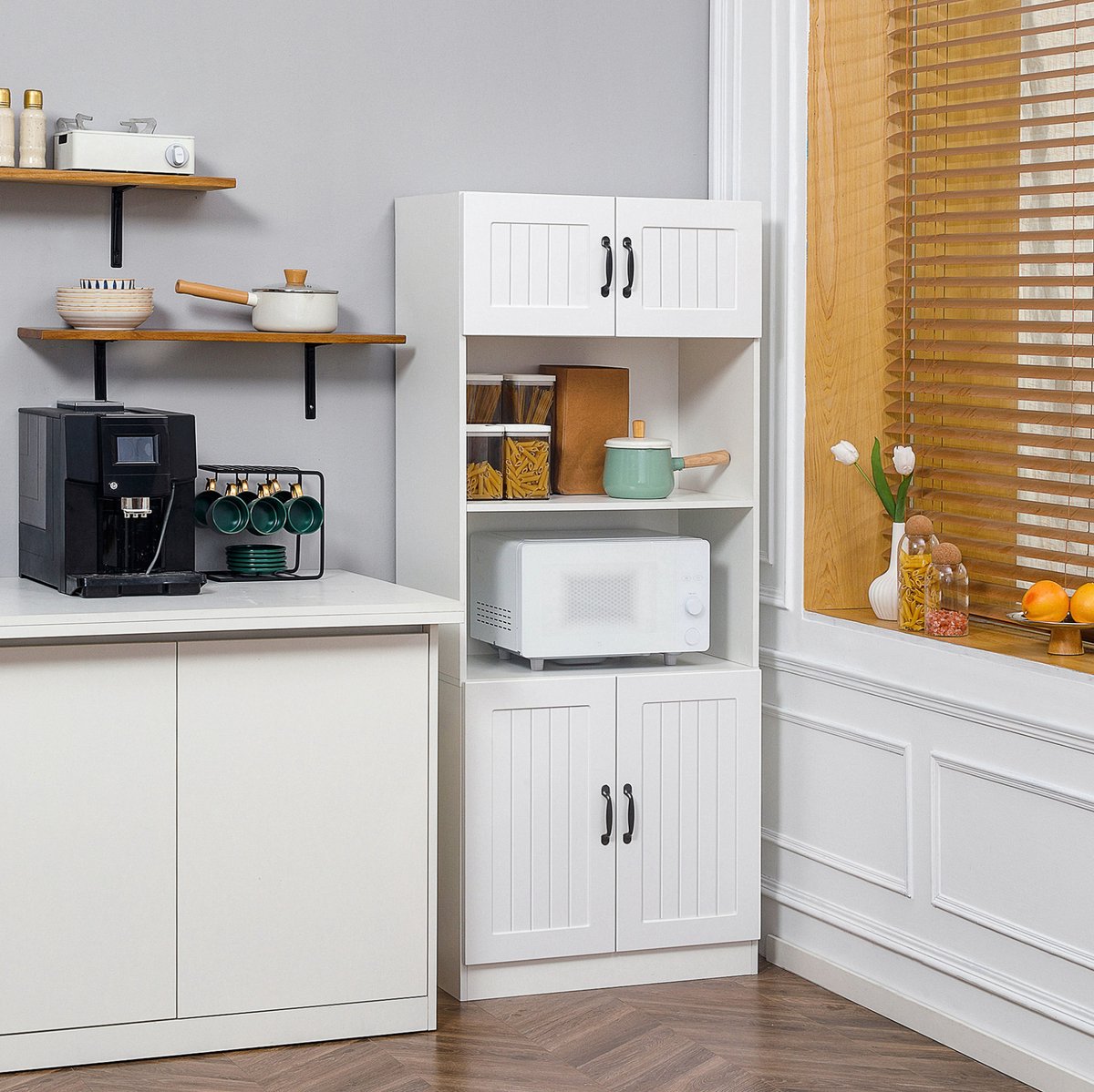 OKWISH Keukenkast - Hoogkast Met Open Middendeel - Verstelbare Planken - Antikantelband - Wit MDF - 70 x 40 x 170 Cm