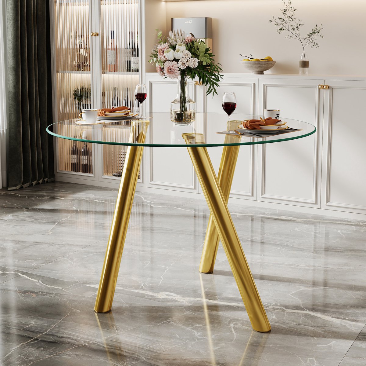 OKWISH Eettafel - Ronde Tafel van Gehard Glas - Voor Woonkamer en Eetkamer - Gouden Metalen Poten - 89 Cm