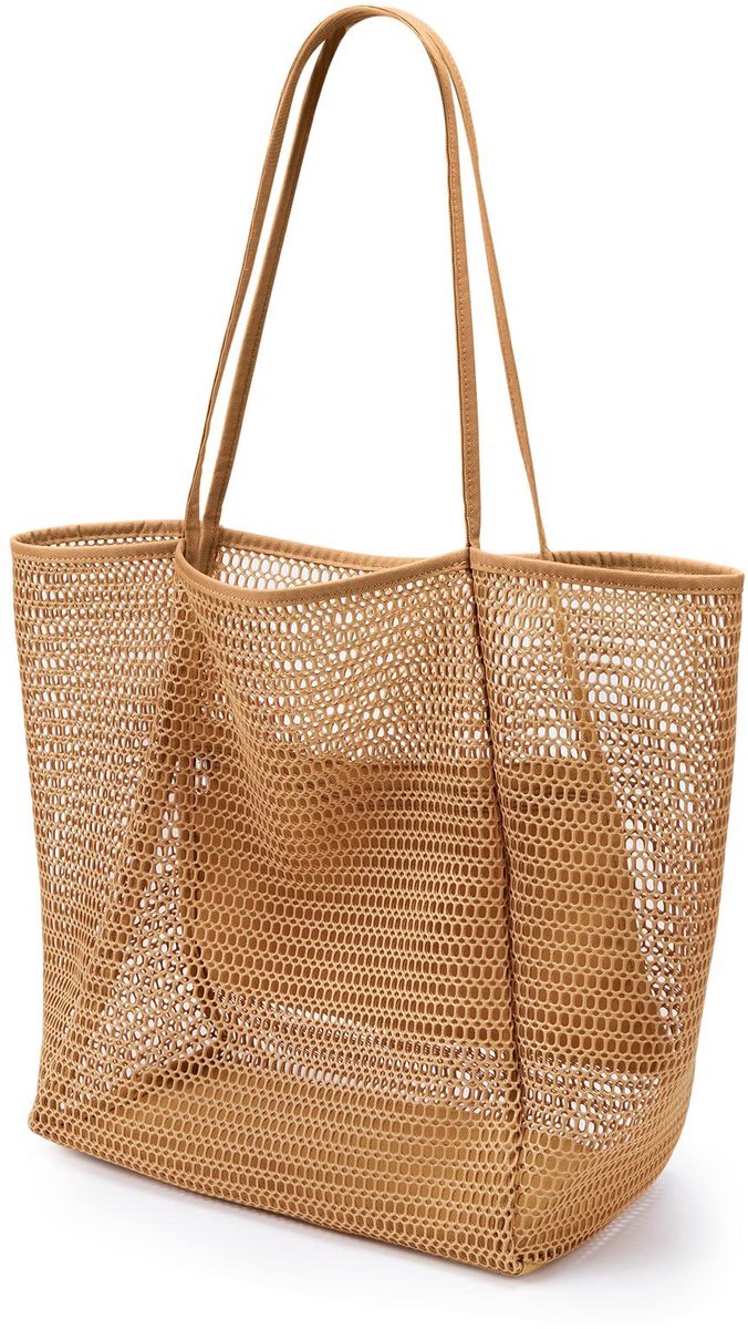 Casalora Strandtas Dames 23L – Grote Mesh Draagtas Nylon – Opvouwbare Shopper Tas Schoudertas voor Strand, Vakantie, Picknick en Dagelijks Gebruik - Bruin