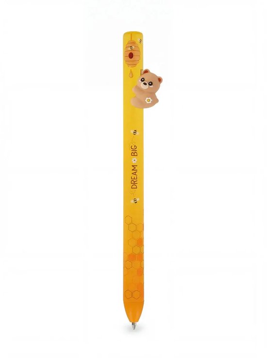 Stylo jaune à motif nid d'abeille et texte "DREAM BIG". Une figurine 3D d'ours brun avec une fleur est attachée à la pince.