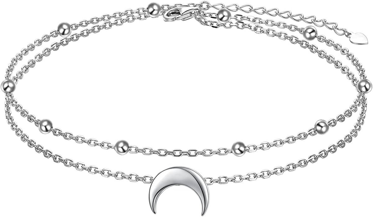 Anklet 925 Sterling Zilver - Verstelbare Kralen - Kromme Maan - Boho Strand Accessoire - ShopVlot