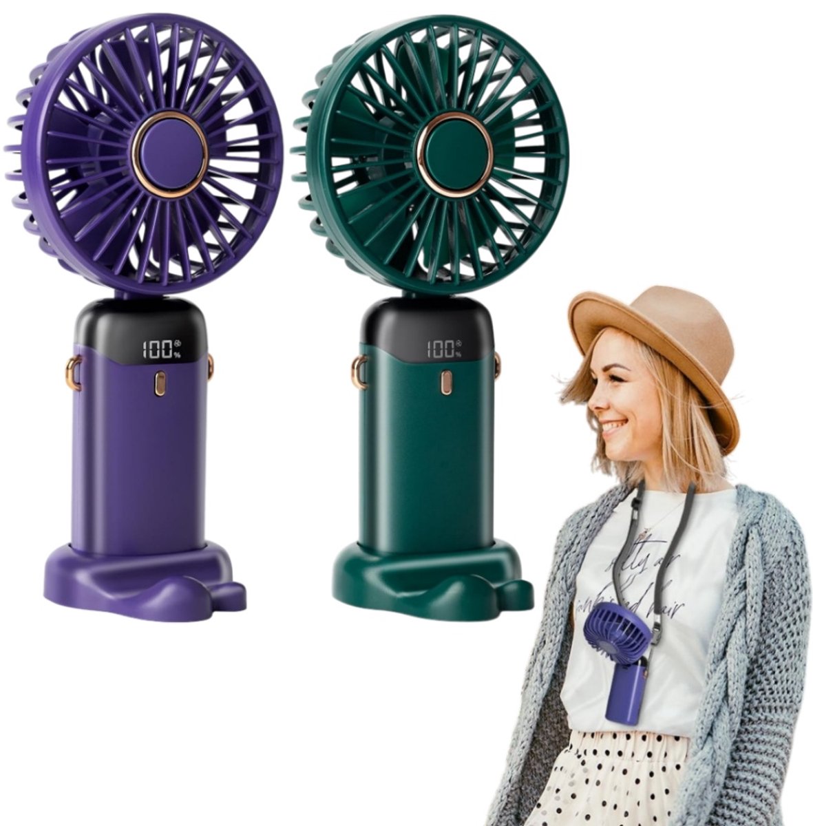 2-delige draagbare handventilator - 90° opvouwbaar - Nekbandventilator - Bureauventilator - 11*11*20 cm - Geschikt voor dagelijks gebruik, make-up aanbrengen en verkoeling - Paarse en groene kleuren