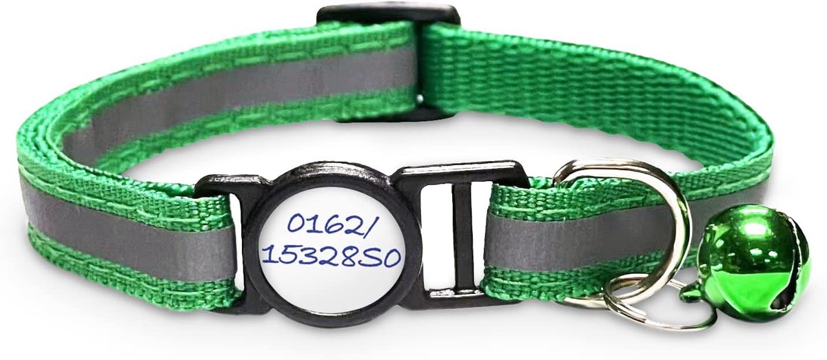 Kattenhalsband met veiligheidssluiting - groen - met belletjes - inclusief stickers voor naam en telefoonnummer - ShopVlot