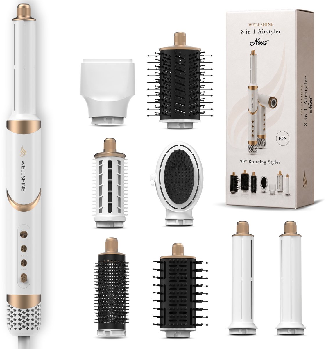 Wellshine 8-in-1 Airstyler Nova Wit - Föhnborstel & Krulborstel - Multistyler - Stijlborstel - Warmteborstel - Föhn / Haardroger - Krultang - Hairwrap - Ionisch - Incl. Coldshot