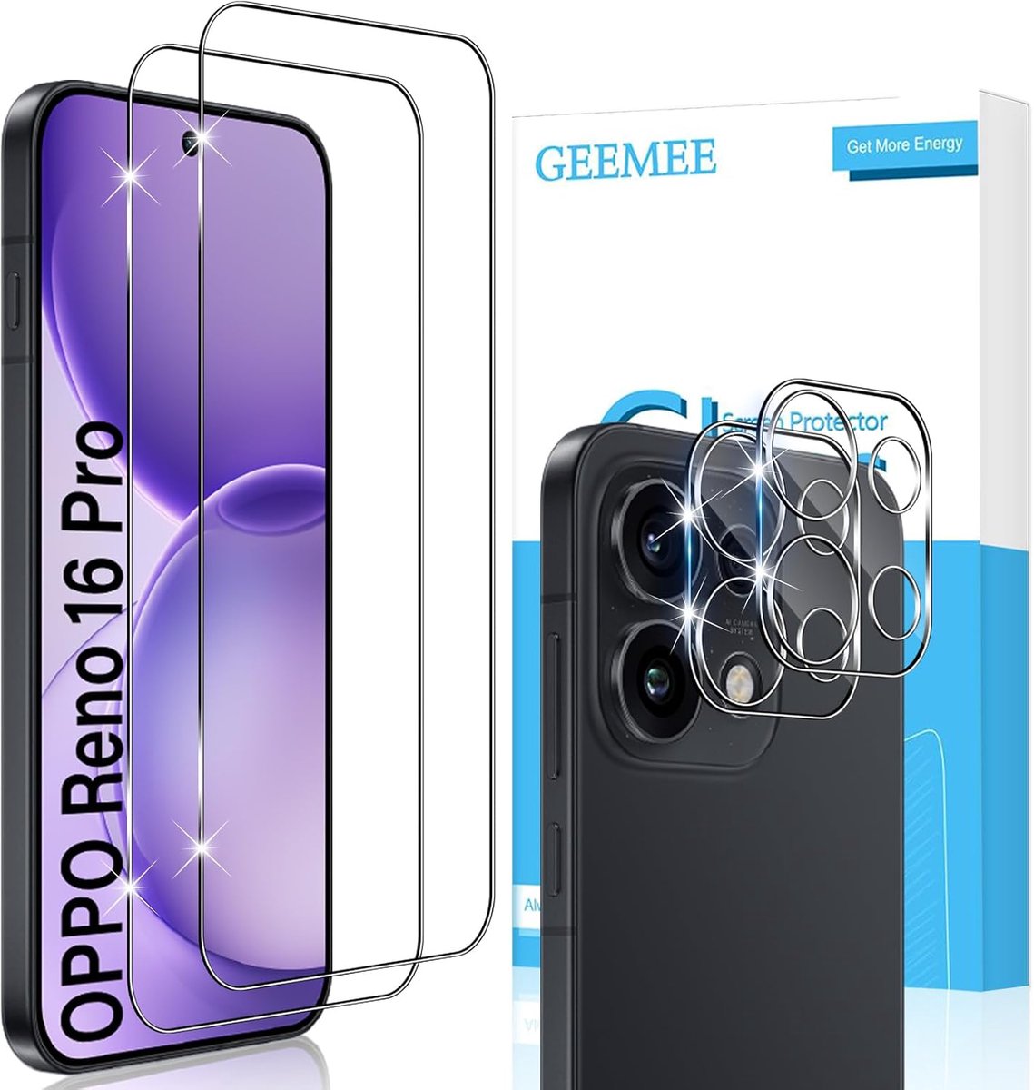 voor Reno 16 Pro voor pantserglas, 2 + 2 stuks beschermfolie + camera beschermfolie 9H HD filmhardheid gehard - ShopVlot