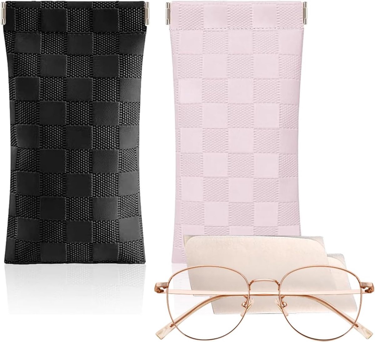 Pack of 2 Soft Checked Glasses Cases, with 2 Glasses Cloth, Sunglasses Case, Pinch Closure Leather Portable Glasses - ShopVlot